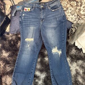 Judy Blue Distressed Straight Leg Jeans - Dark Blue